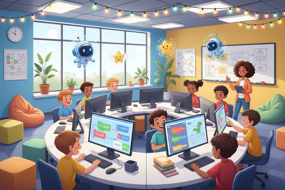 Children coding in a classroom with computers, teacher, fun robots and star characters, STEM learning