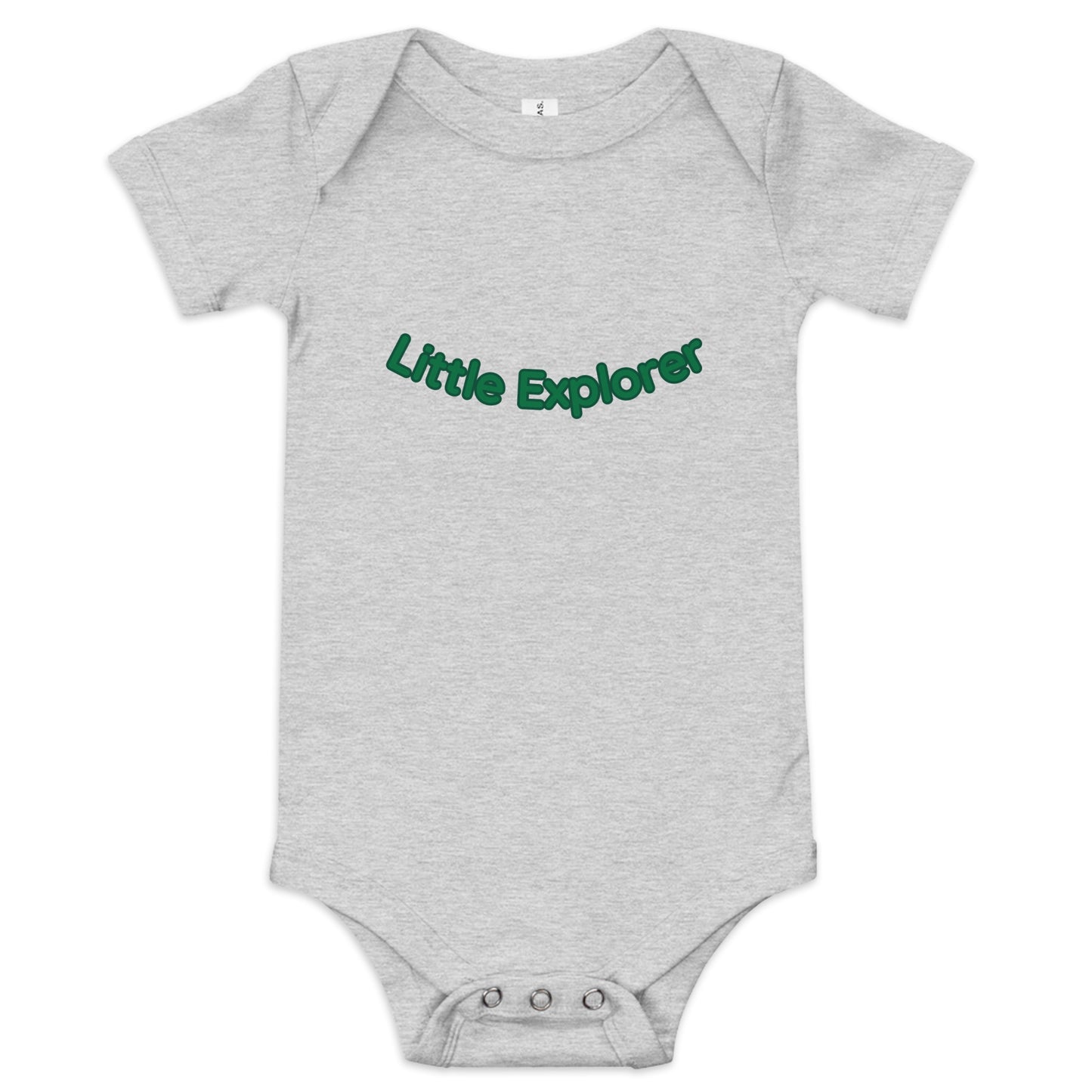 Gray baby onesie with 'Little Explorer' text in green on a white background