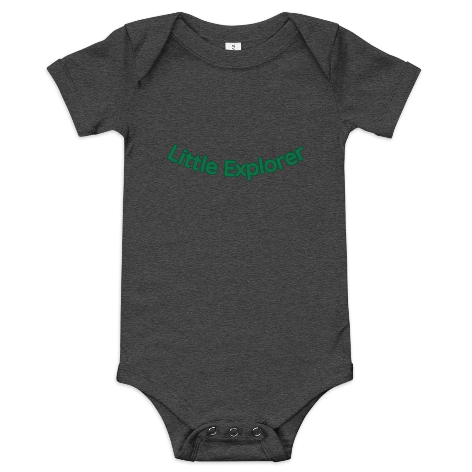 Gray baby onesie with 'Little Explorer' text in green on a white background
