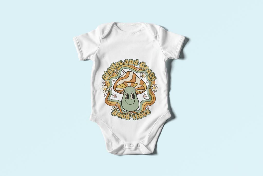 Groovy Mushroom Good Vibes Baby Sleepsuit