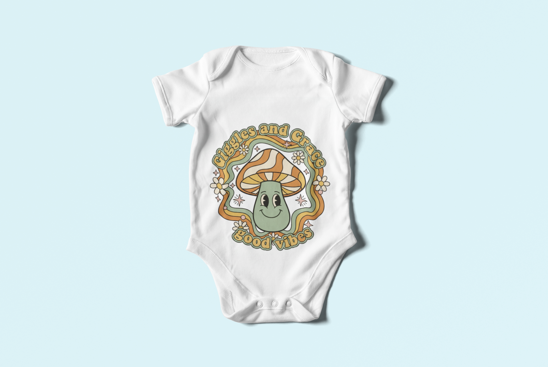 Groovy Mushroom Good Vibes Baby Sleepsuit
