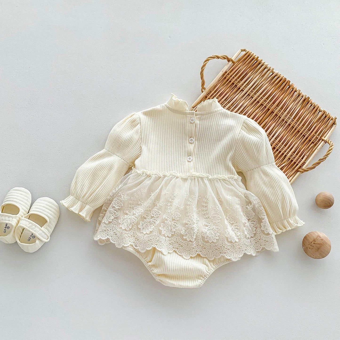 Long Sleeve Princess Style Onesie Dress - White - Giggles and Grace