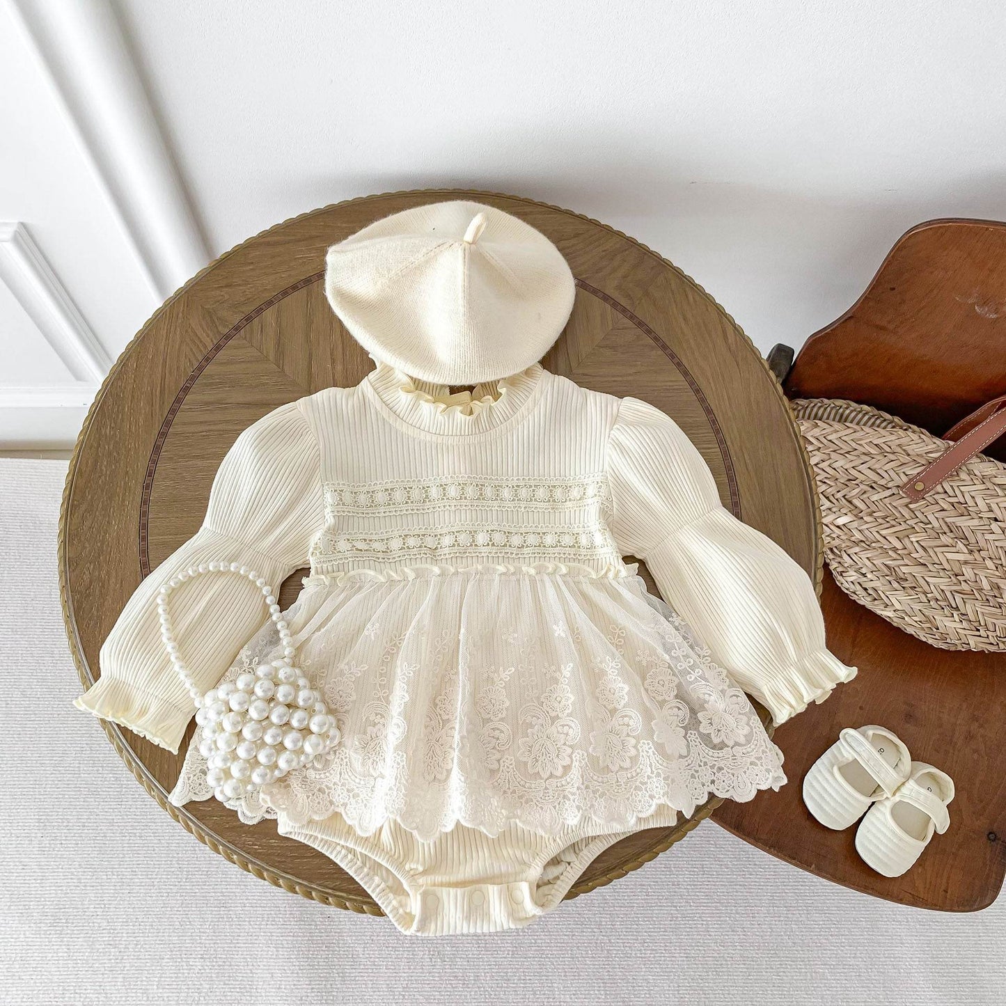 Long Sleeve Princess Style Onesie Dress - White - Giggles and Grace