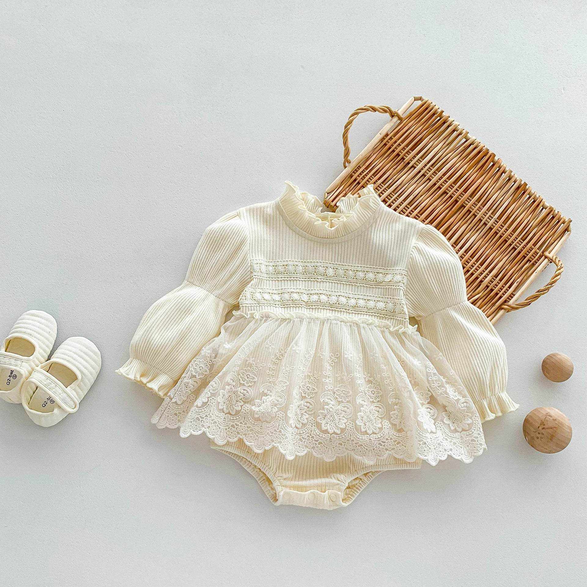 Long Sleeve Princess Style Onesie Dress - White - Giggles and Grace